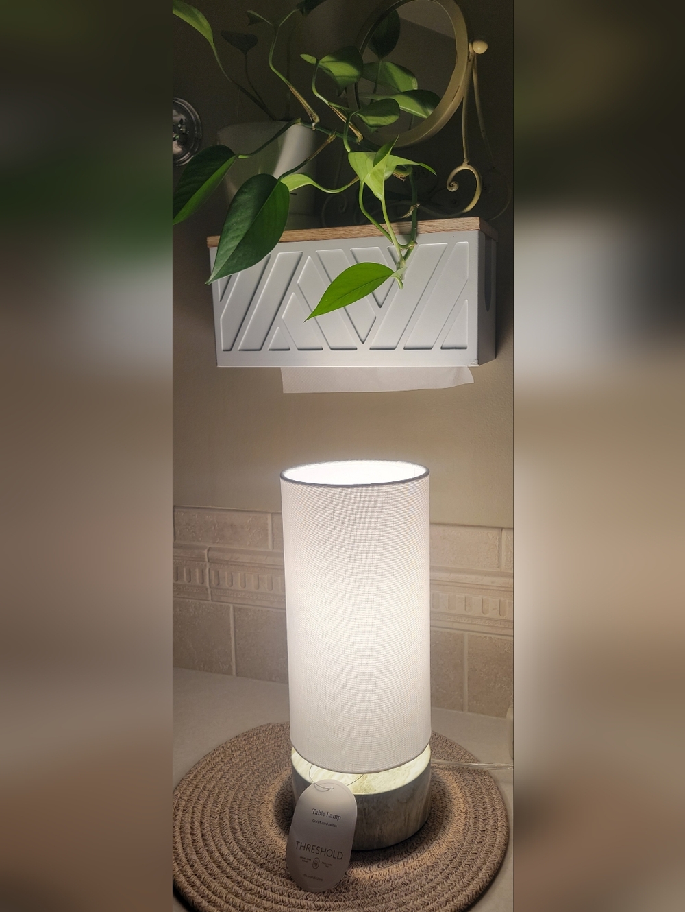 Threshold White Cylinder Table Lamp with Marble Base Accent